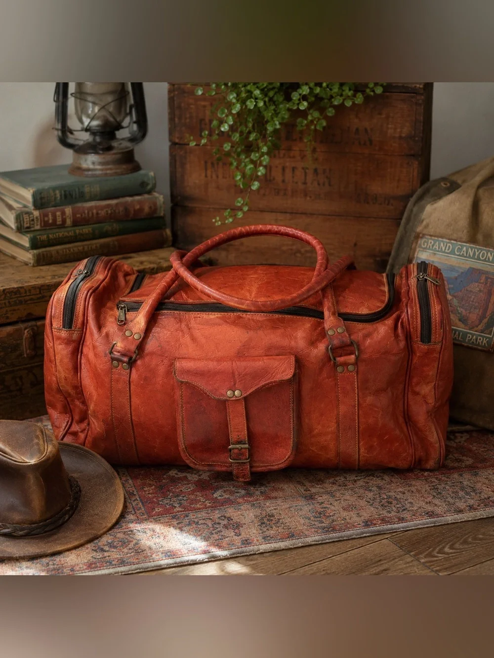Komal’s Passion Leather Large Brown Leather 23” Weekender Duffel Travel Bag